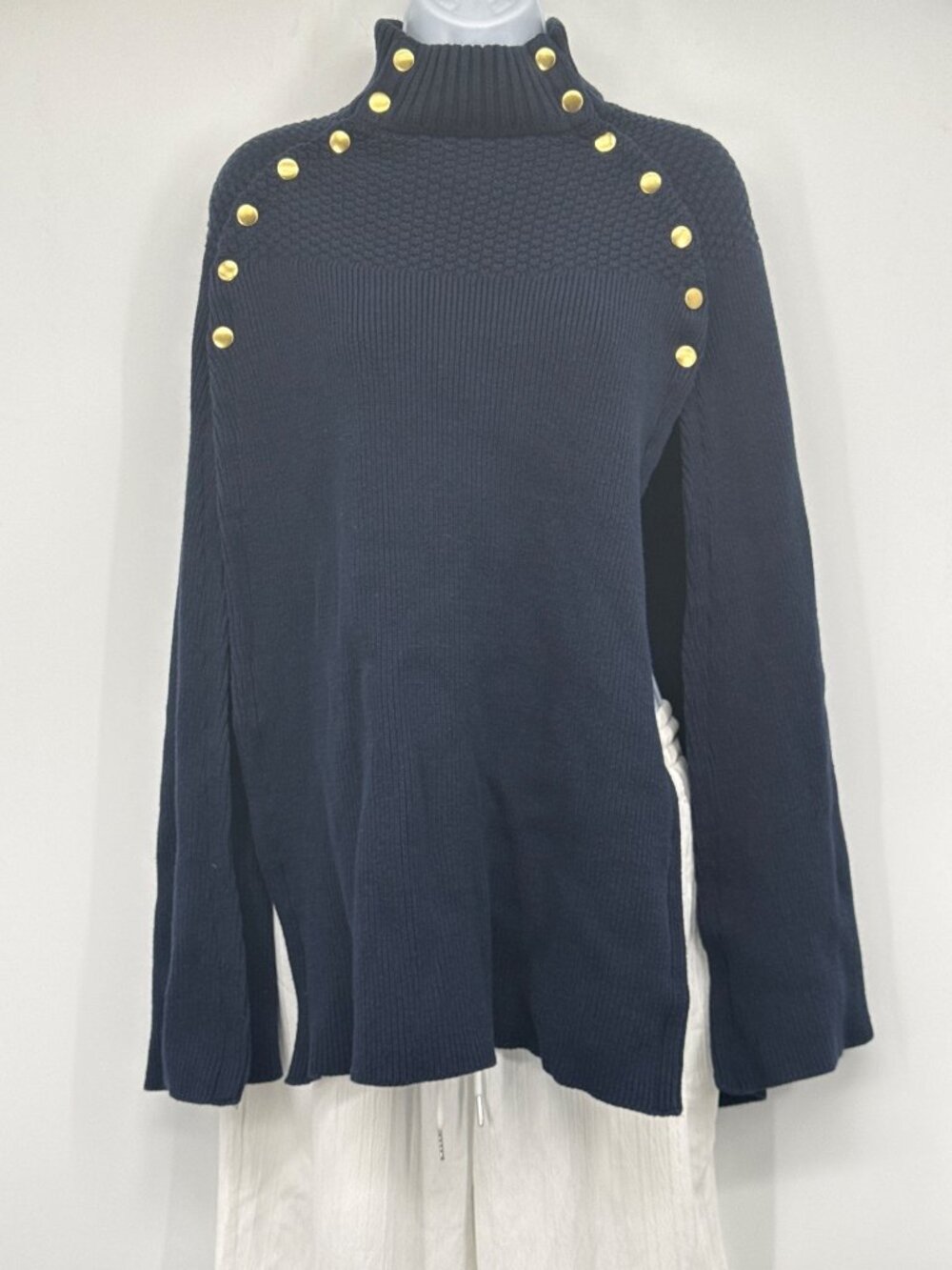 G.I.L.I. Navy Knit Poncho Cape Sweater Gold Button Mock Neck M/L